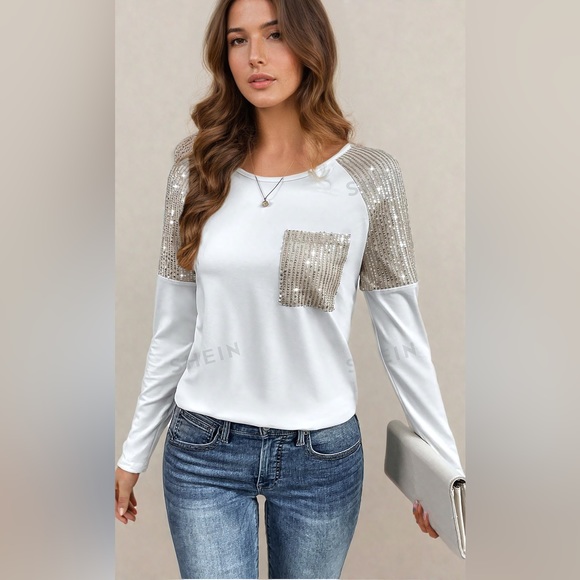 White/Gold Sequin-Embellished Raglan Sleeve Tee - Picture 1 of 8